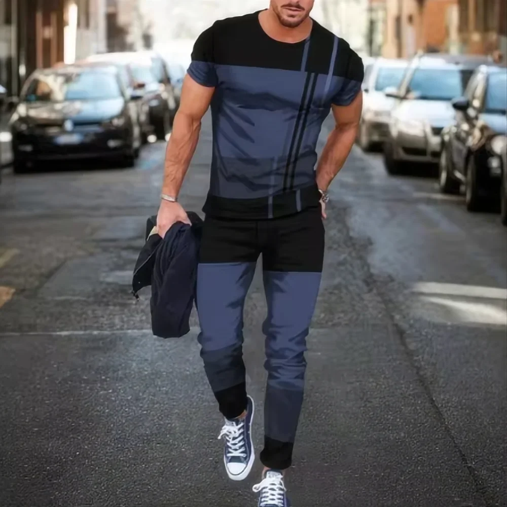 GELITAYIN 2025 Summer New Men's Clothing Fashion Trend Men's Two Piece Top New 3D Digital Printed Pants - Short Sleeve Pants Set