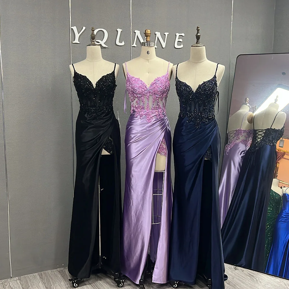 YQLNNE Navy Slit Mermaid Prom Dresses Long Straps Silk Satin Beading Party Gown Lace-up Back