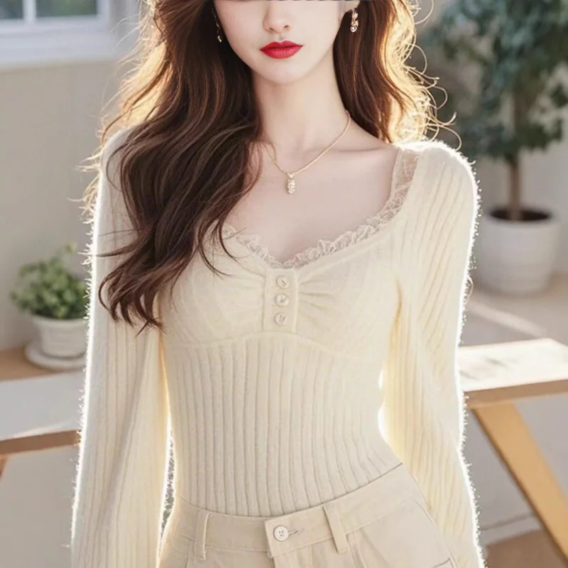 

Women's Beige Ribbed Knit Top Lace Trim V-neck Button Decor Slim Fit Long Sleeve Casual Pullover Shirt