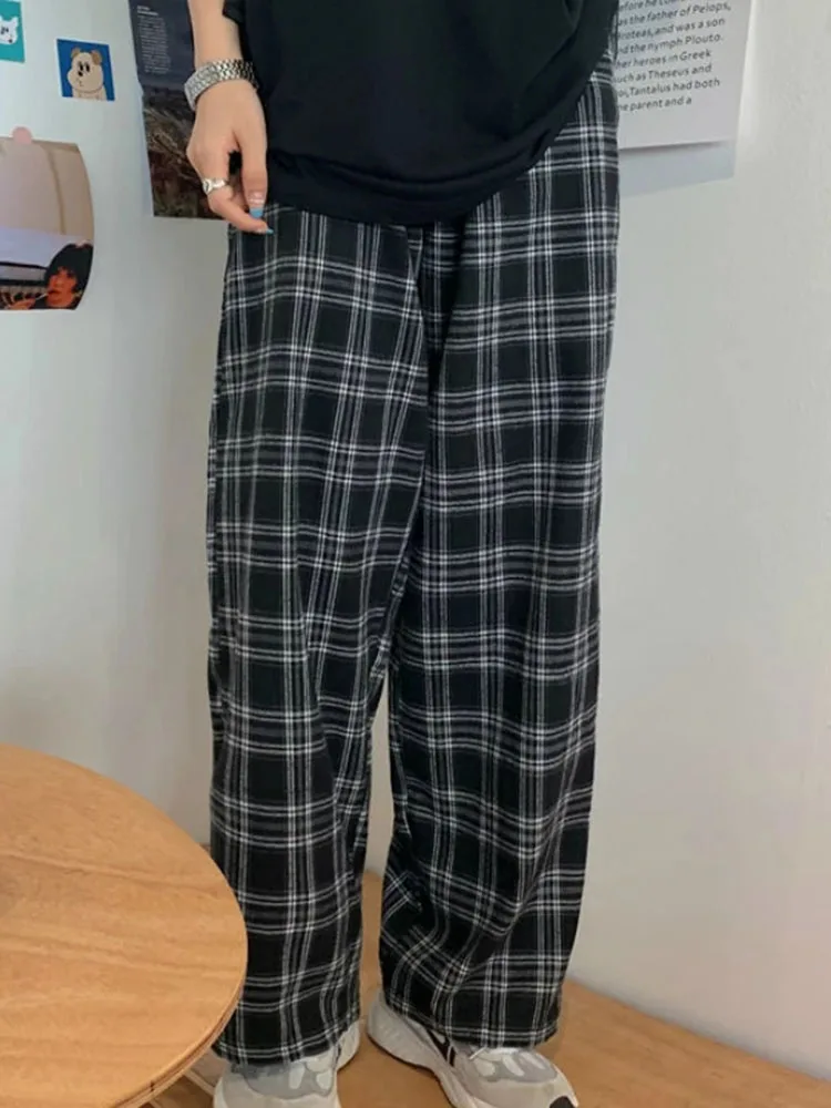 

Black Women Plaid Pants Casual Oversize Loose Wide Leg Trouser Retro Teens Harajuku Hip-hop All-match Streetwear S - 3XL