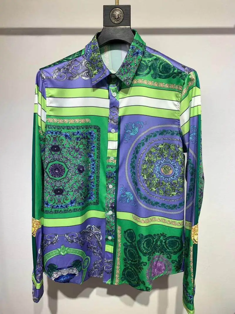 New men's long sleeved shirt with flower pattern  printing design, men's lapel button high-definition casual top image 5