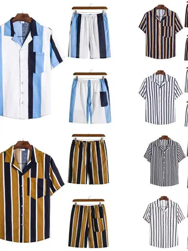 

New Men's Cotton Linen Striped Shirt Shorts Beachwear Autumn Season Short Sleeve Short Pants Male Fashion Casual Outfit