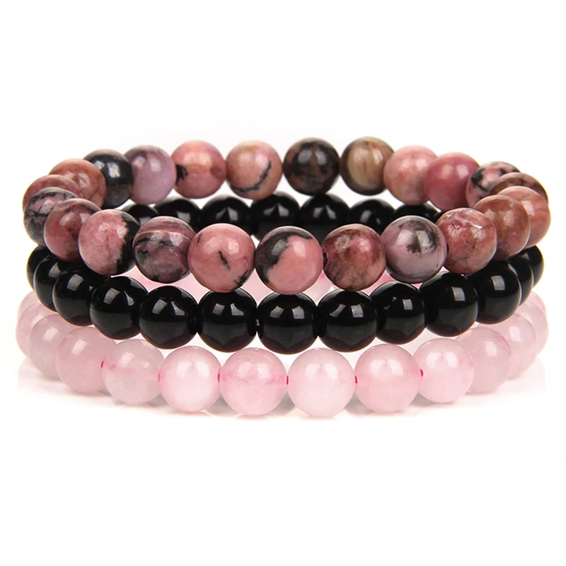 3pcs/set Natural Stone Elastic Bracelet 8mm Round Rose Quartzs Rhodonite Beads Energy Bracelet Set Jewelry for Women Men Gift