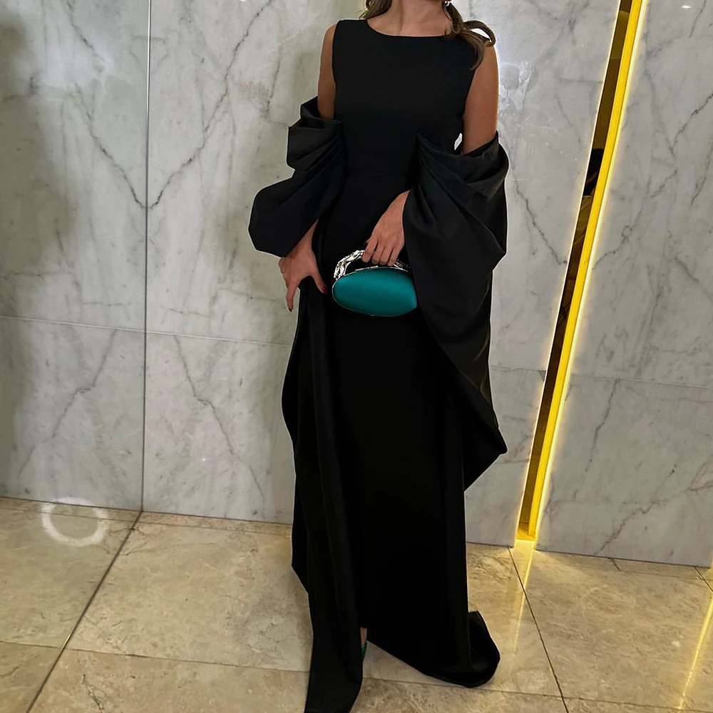 

Black Jersey Evening Dress Classic Straight Crew neck Floor Length Off the Shoulder Simple Sleeveless Watteau Train Pleats Gowns