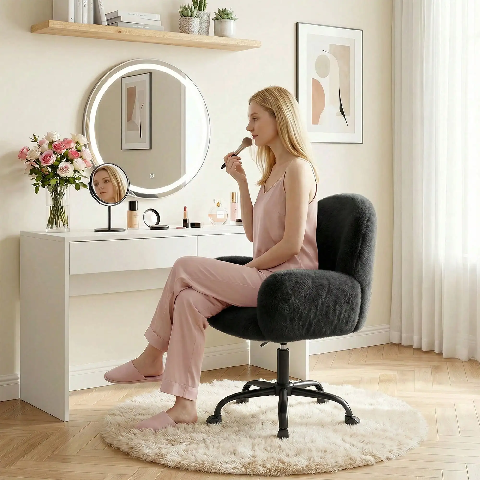 Height Adjustable Swivel Vanity Chair with Wheels, Black Faux Fur Home Office Desk Chair with Arms & Round Hollow Back