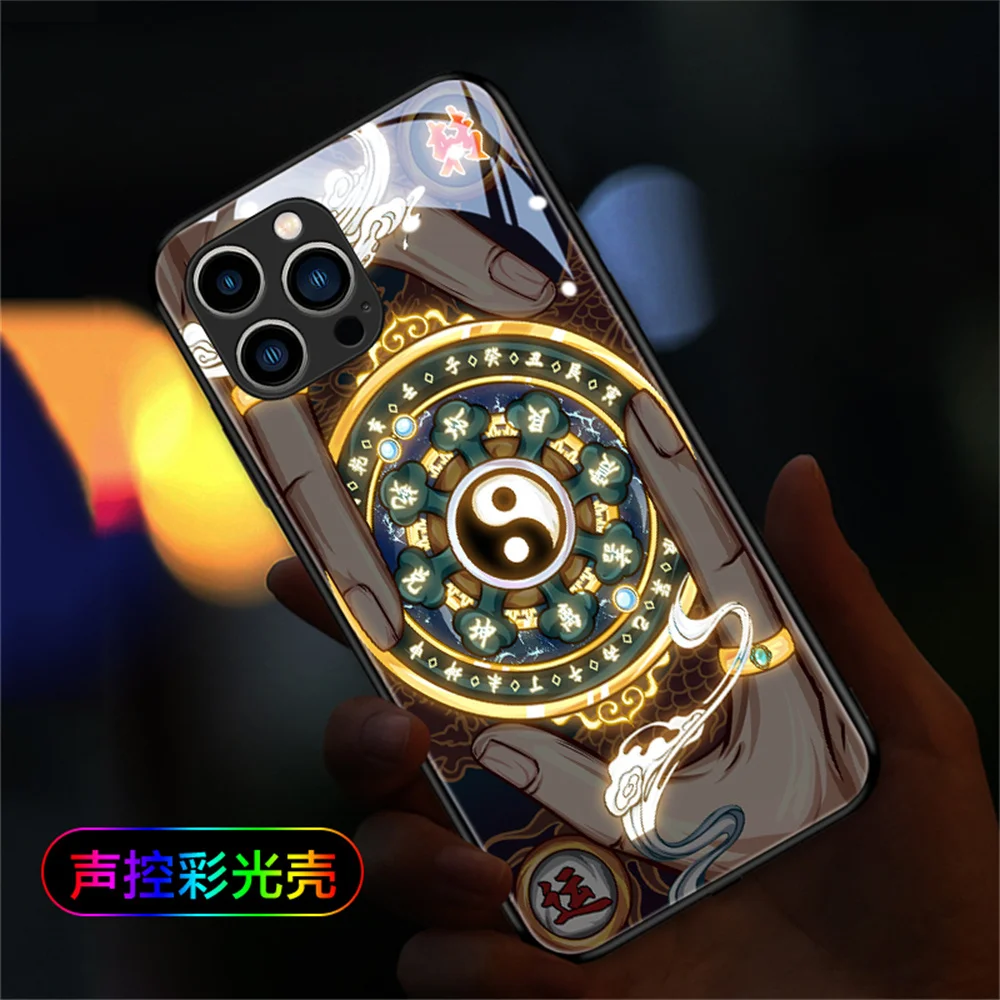 

The Eight Diagrams Pattern Voice Sensing LED Light Up Glowing Luminous Phone Case For iPhone 15 14 13 12 11 Pro Max Plus XR XS