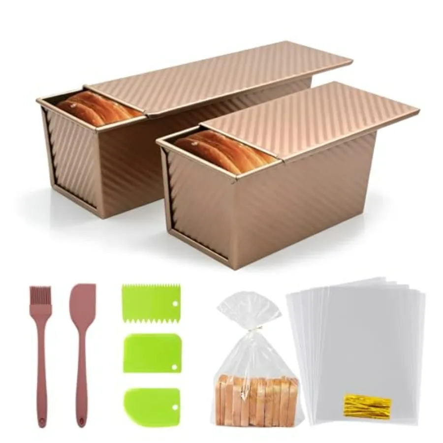 Paquete de 2 moldes para pan Pullman con tapa - Capacidad de 2.2LB/1LB, molde antiadherente para hornear pan tostado, molde cuadrado de acero al carbono para sándwiches