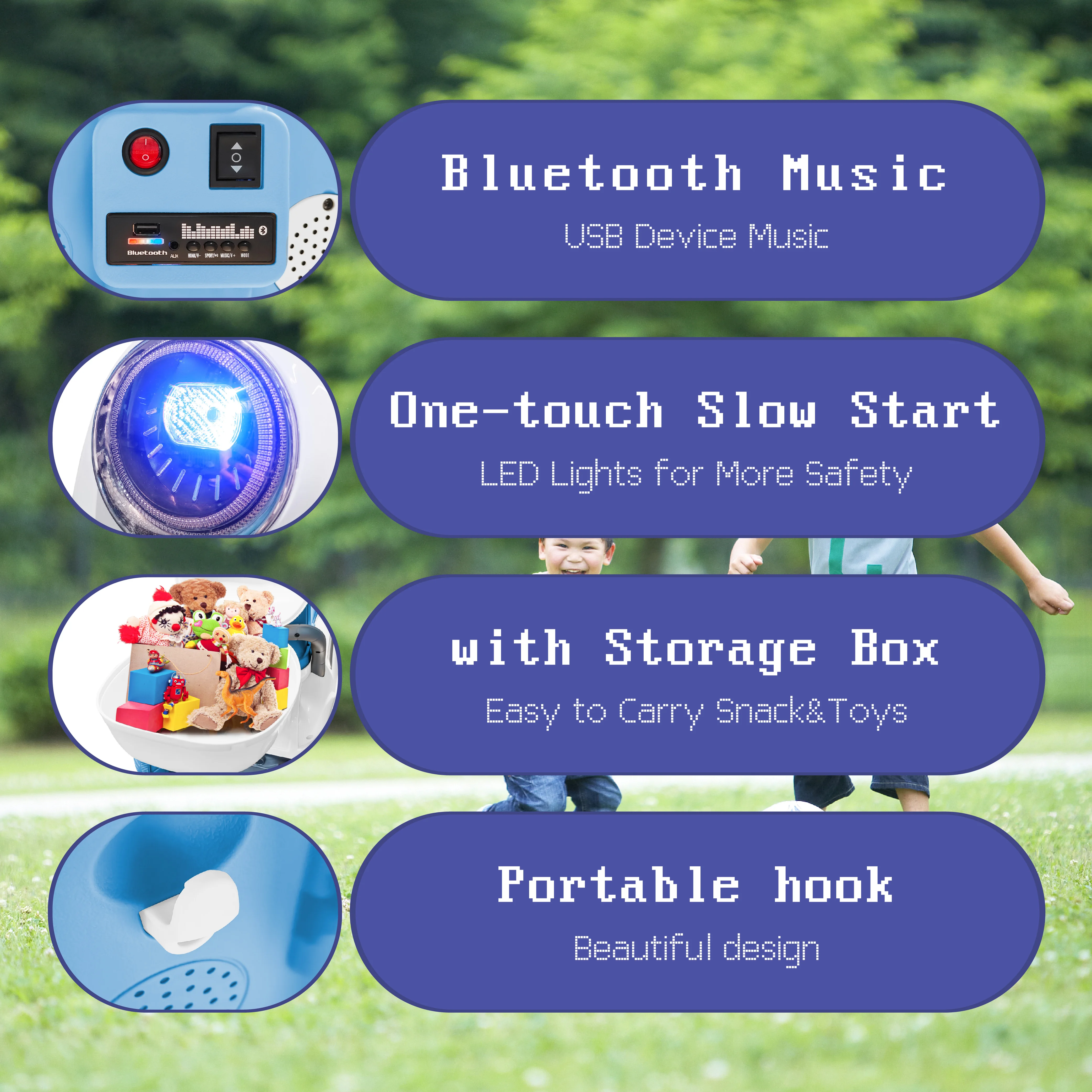 12V Kinder Elektro-Motorradbatterie 3-Rad-Dreirad mit Bluetooth-Musik-LED-Aufbewahrungsbox Blau