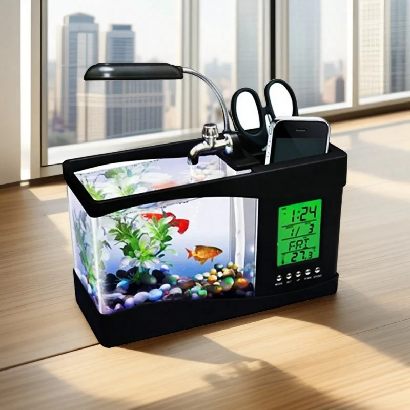 1.4L Desktop Mini Fish Tank, USB Powered Quiet Aquarium with Pen Holder Clock Calendar