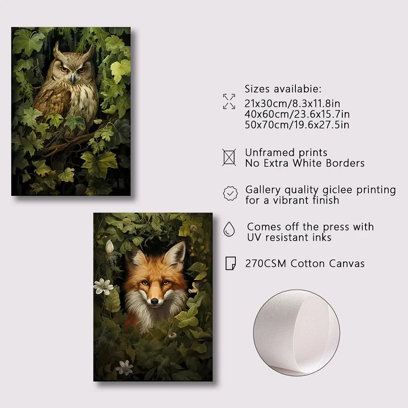 3pcs/set  frameless   Magical Forest Animal Canvas Posters Retro Woodland Art for Bedroom Home Decor with Flower Scenery Living