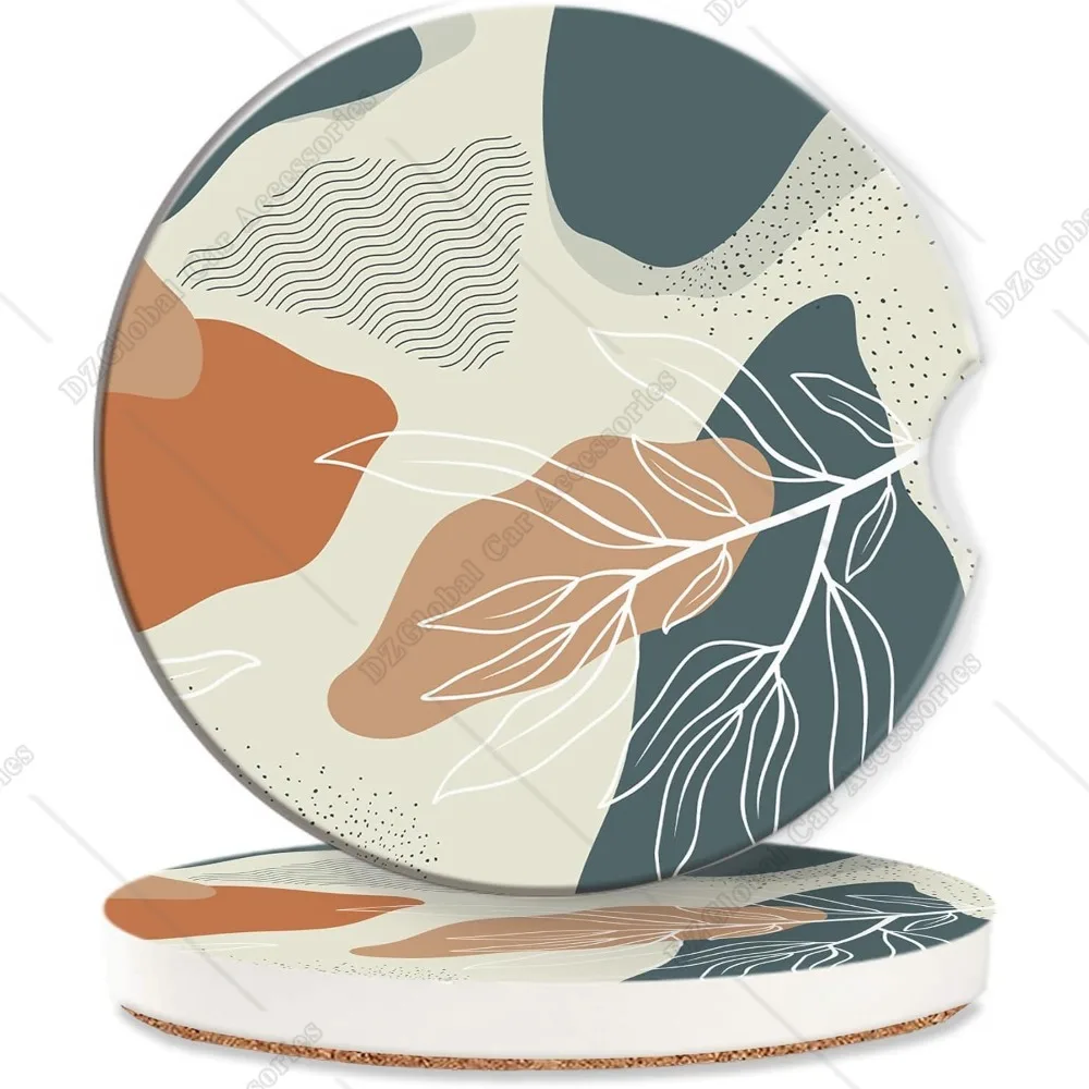 Boho Leaves Car Coasters for Women 2 Pack Abstract Geometric Absorbent Car Coasters for Cup Holders Insert Ceramic Anti Slip