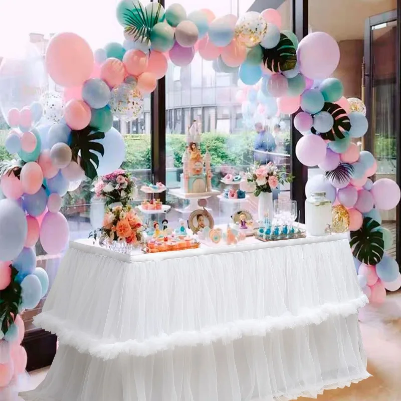 Dreamy 2-Layer Tulle Table Skirt Yarn Ruffled Lace for DIY Wedding Birthday Party Halloween Dessert Table Decoration Tablecloth