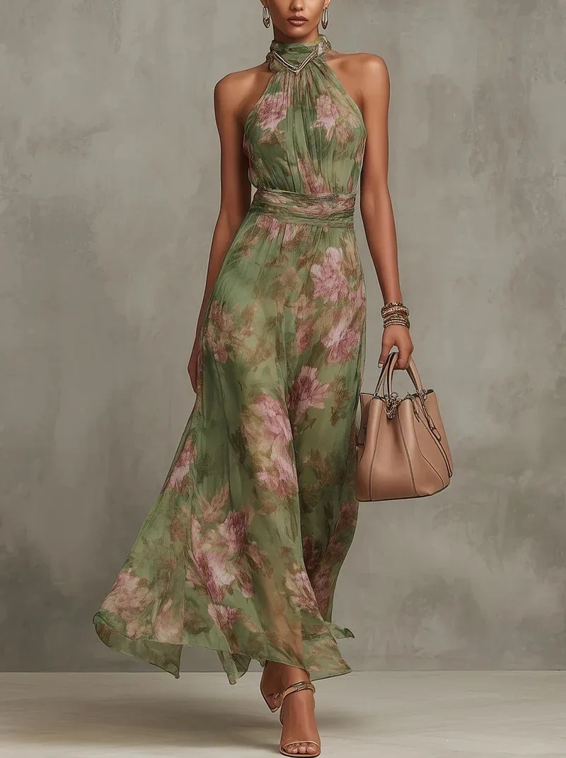 Vintage Maxikleid aus Chiffon mit Neckholder, ärmellos, rückenfrei, hoher Taille, Schlitz, fließend, mit floralem Aquarellmuster für Abend und Hochzeit – Detail 2