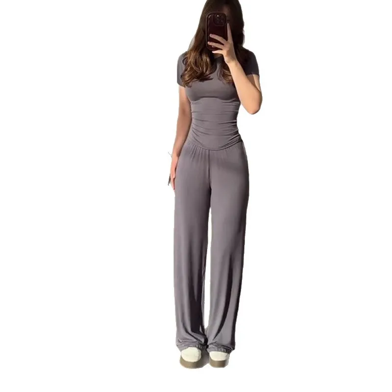 

Однотонный плиссированный повседневный базовый комплект брюк с круглым вырезом и длинными рукавами, модный спортивный стиль, широкие брюки с высокой талией, костюм