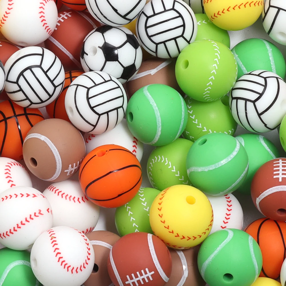 5Pcs/lot 15mm Silicone Sports Ball Beads Rugby Football Tennis Color Loose Bead for DIY Bracelet Keychain Decoration Accessories