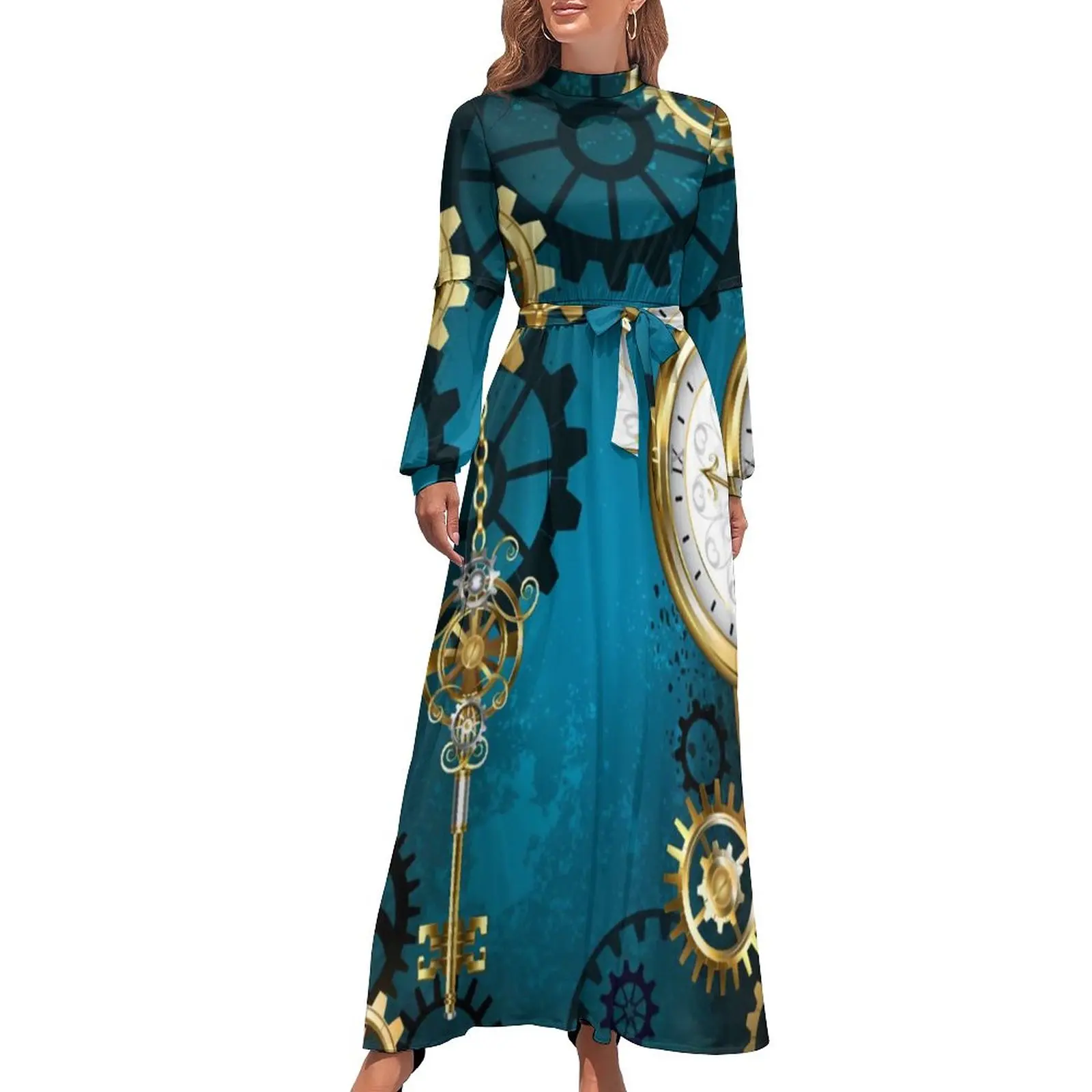 Steampun Turquoise Gears Dress Long-Sleeve Vintage Steam Punk Elegant Maxi Dress High Waist Street Wear Print Beach Long Dresses