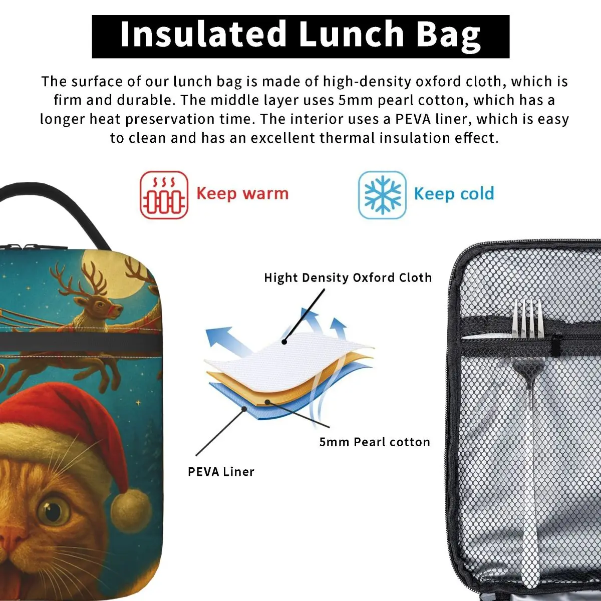 고양이 산타와 셀카 도시락 가방 어린이 그래픽 패션 학교 휴대용 절연 옥스포드 열 쿨러 도시락 상자 토트 핸드백