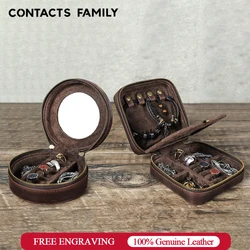 Vintage Genuine Leather Jewelry Organizer Box Necklace Ring Earring Travel Storage Case with Mirror for Men Women