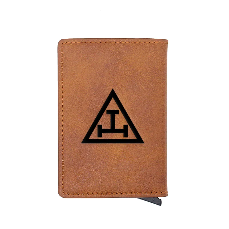 

Classic Freemason Triangle Credit Card Holder Men And Women Metal RFID Vintage Aluminium Box PU Leather Fashion Card Wallet