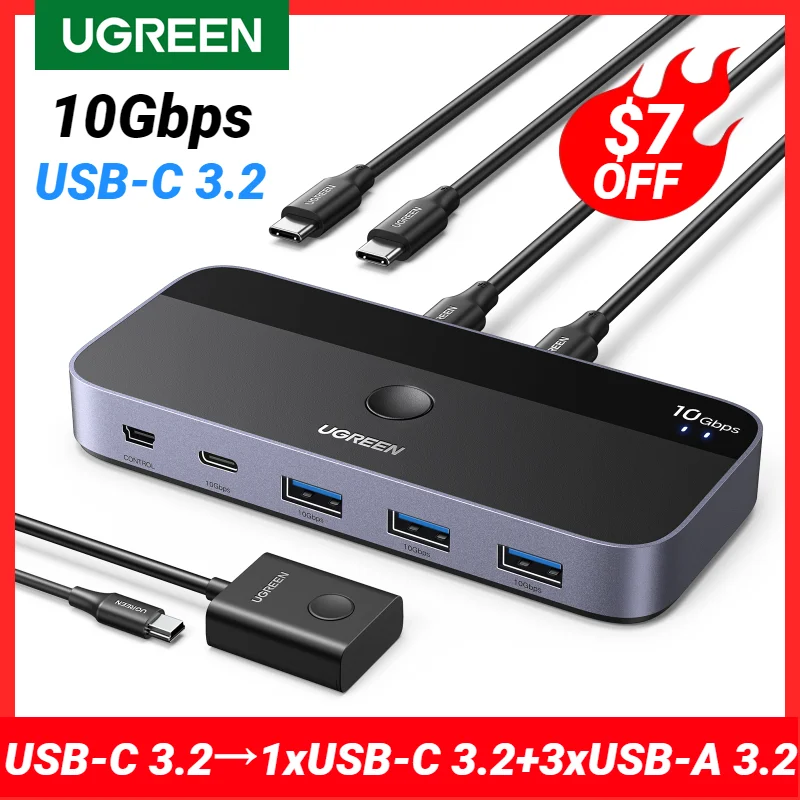 UGREEN 10Gbps USB C Switch USB C 3.2 Switcher for PC Keyboard, Mouse, Printer and Scanner 2 PCs Sharing 4 Devices USB Switch