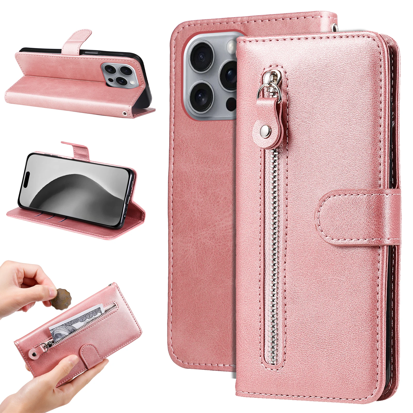 

Luxury Calfskin Zipper Purse Leather Case for iPhone 16 Pro Max 16 Pro 16 Plus 16 Shockproof Magnetic Clasp Slim Wallet Case