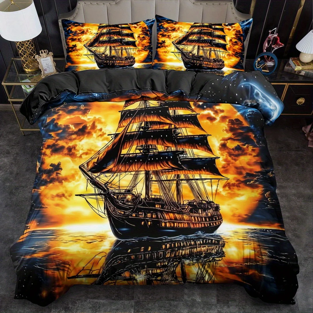 Pirate Ship Print King Queen Size Duvet Cover Set Machine Washable Quilt Bedding Decoration Birthday Gift for Bedroom