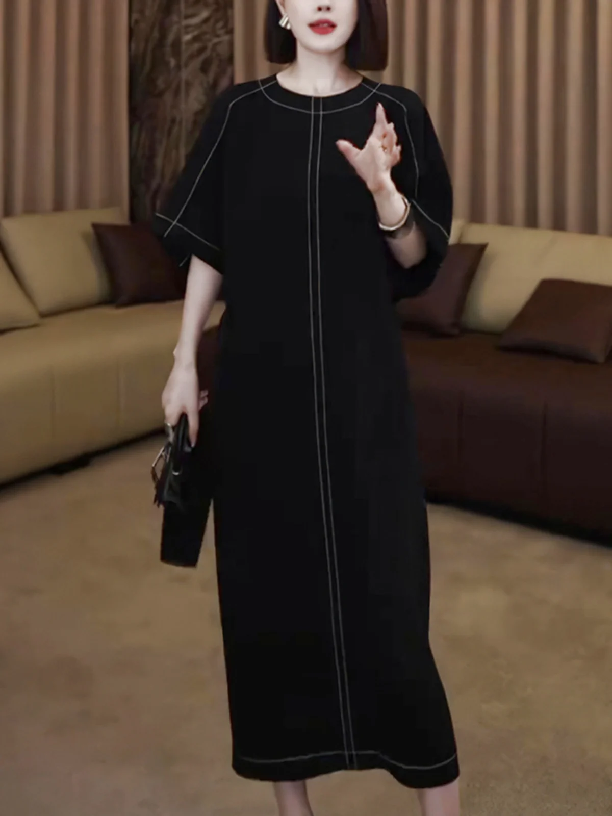 

Gtuq Korean Style Simple Fashion Long round Neck T-Shirt Dress Women Summer Trendy Dress Casual Comfortable Loose Fit Maxi