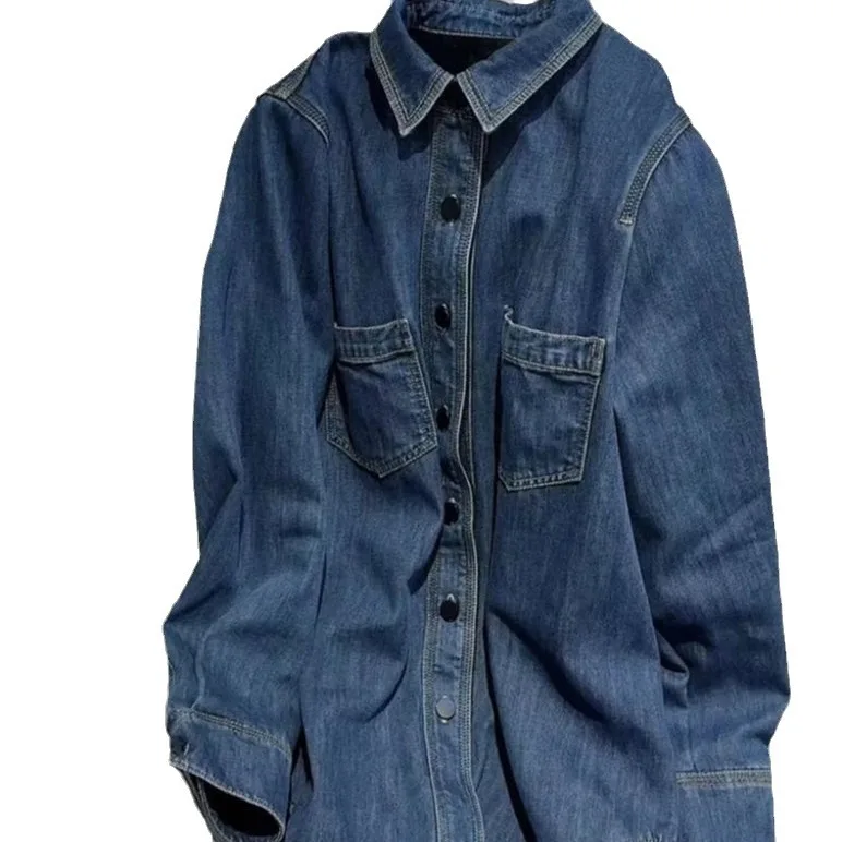 

Denim Shirt Women Vintage Blouse Top Washed Distressed Single Breasted Turn Down Collar Pockets Overshirt Autumn 2025 Streetwear