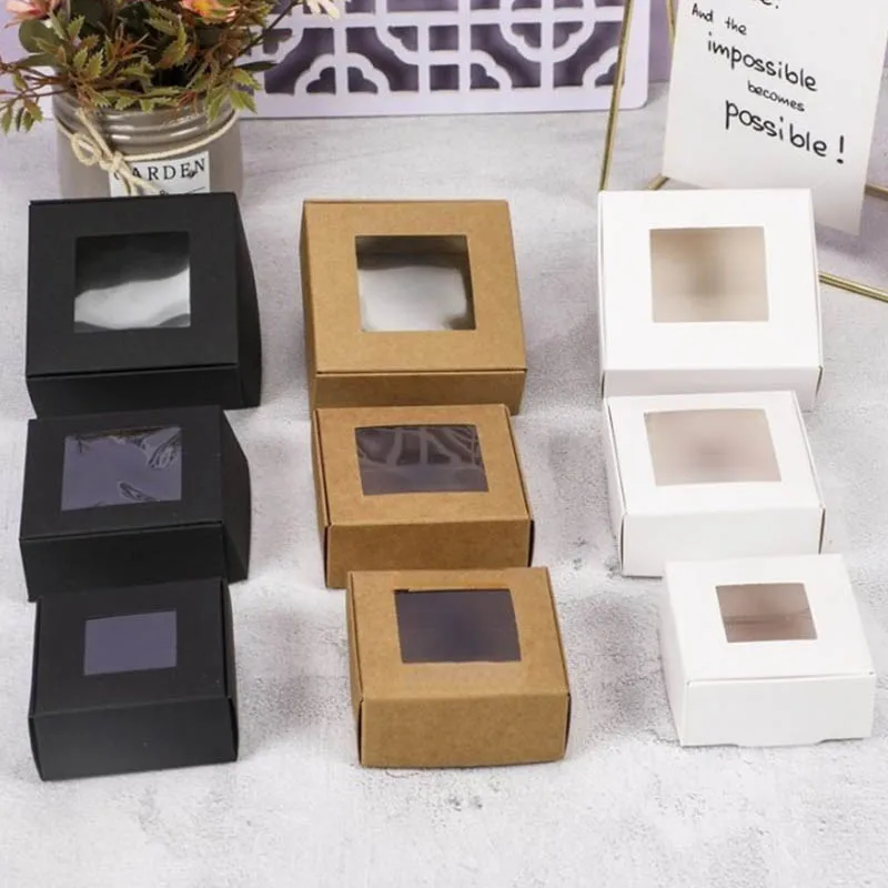 30Pcs 7 Sizes Kraft Paper Box with Window DIY Handmade Soap Boxes Black/White Jewelry Display Box Wedding Party Decorations