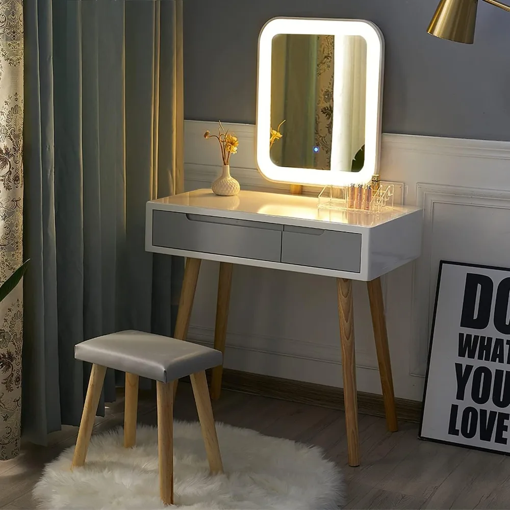 Vanity Table Set, Makeup Desk with Adjustable Brightness Mirror and Cushioned Stool, Vanity Makeup Table, Dressing Tables