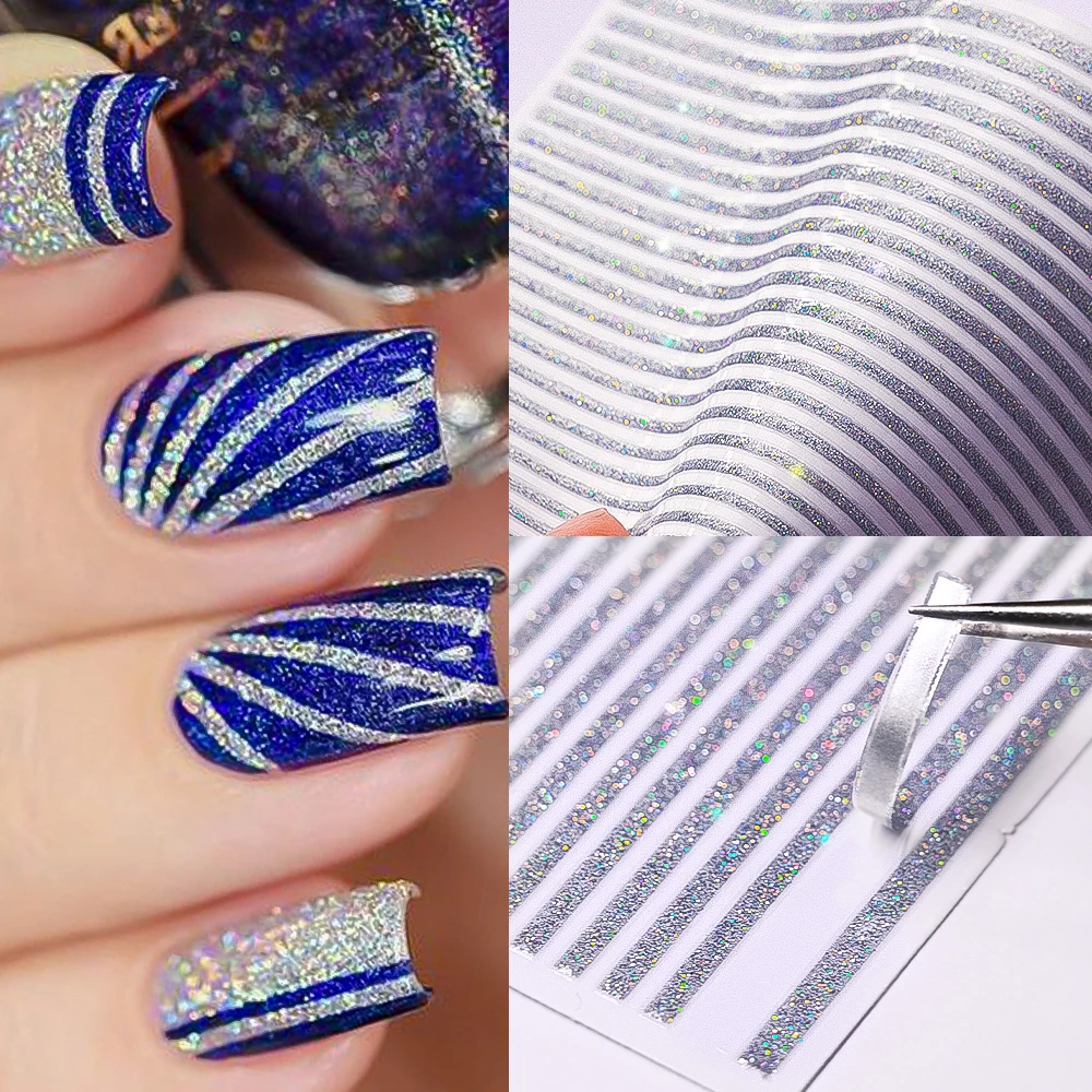 8 ชิ้น/เซ็ต 3D ภาษาฝรั่งเศสคําเส้นสติกเกอร์เล็บ Glitter ทองเงินโลหะสีดําลายกาว Decals 10*8 ซม.DIY เล็บ Sliders