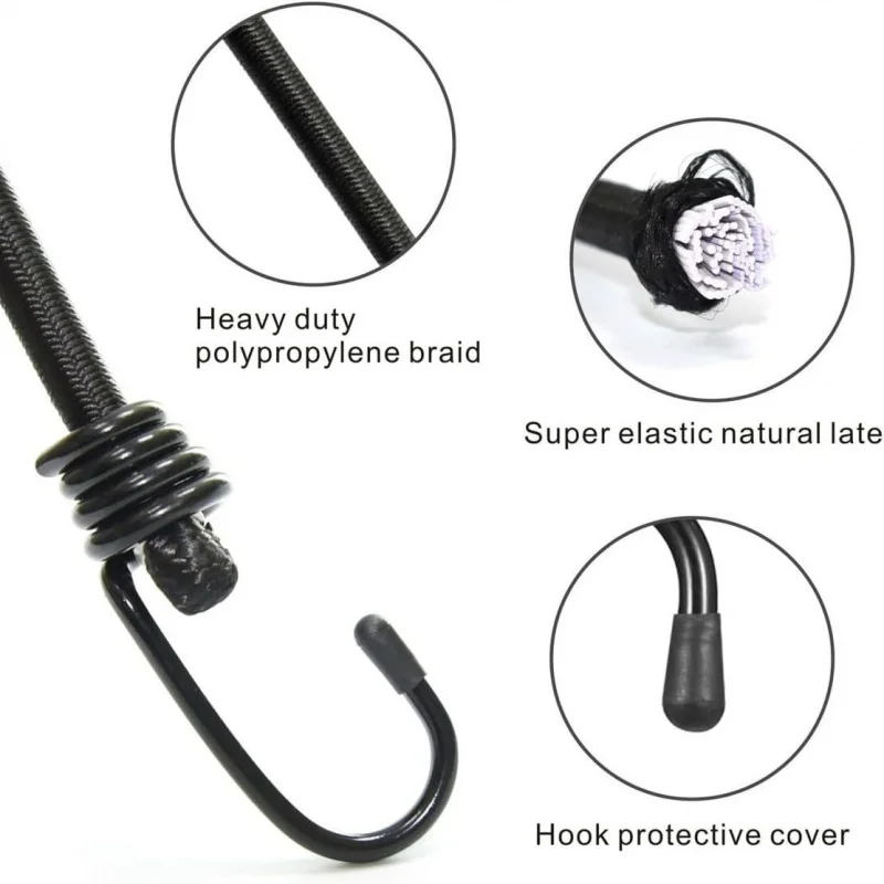 【Adjustable Bungee Straps】Elastic Cords with Hooks for Cargo, Transport, Camping - Heavy Duty Tie Down Ropes