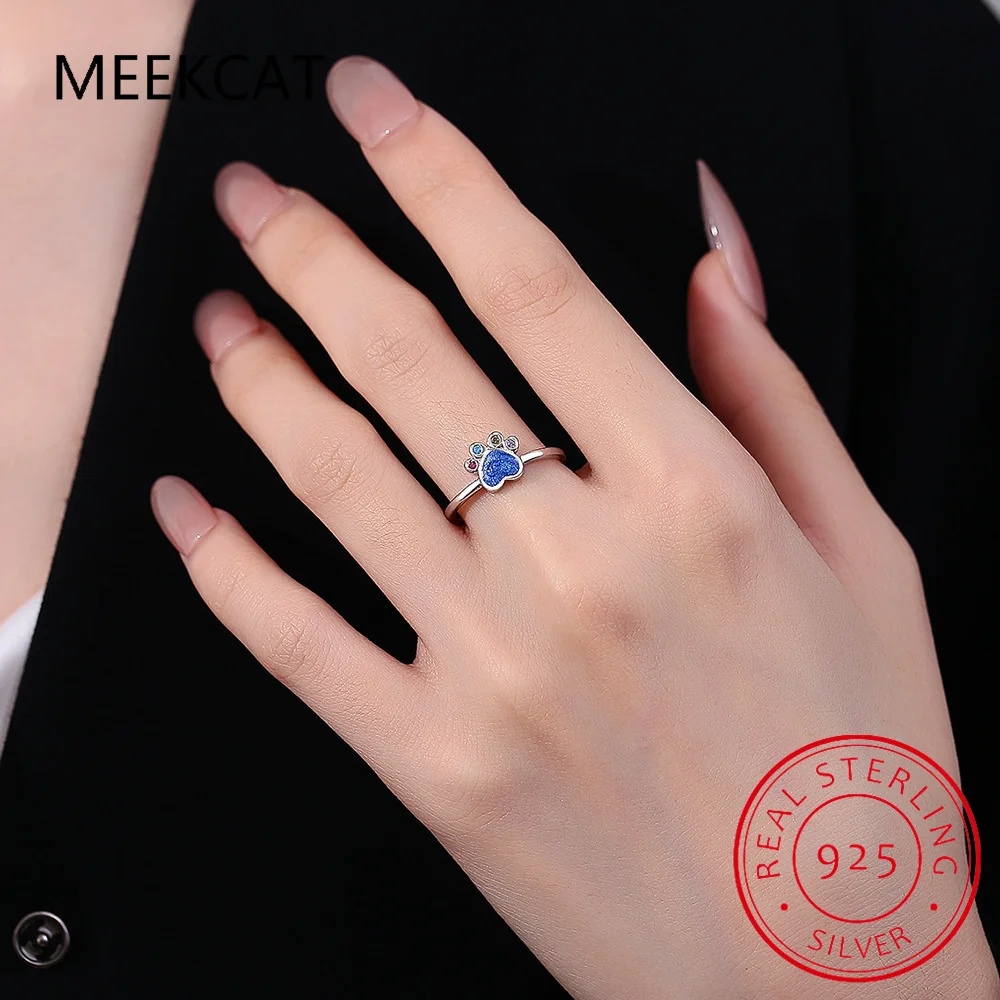 Bague en argent regardé 925 arc-en-ciel avec patte de chat et de chien pour femme, animal de compagnie coloré, bague d'ouverture pour fille, bijoux de fête d'anniversaire, cadeau mignon