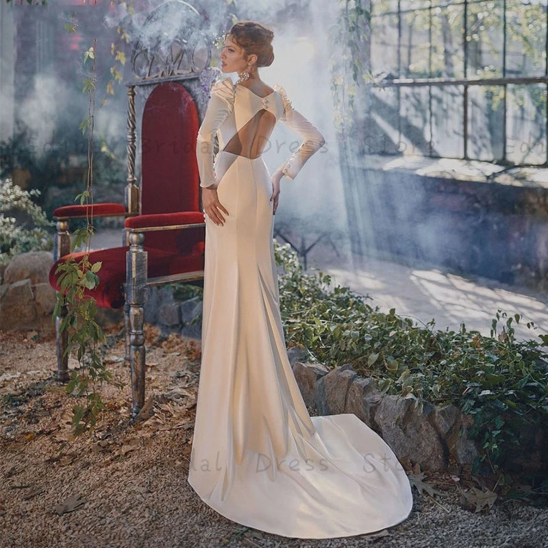 Vestidos de casamento formais de manga comprida para noivas, vestido de noiva branco colher cetim com fenda, trem plissado, 2023