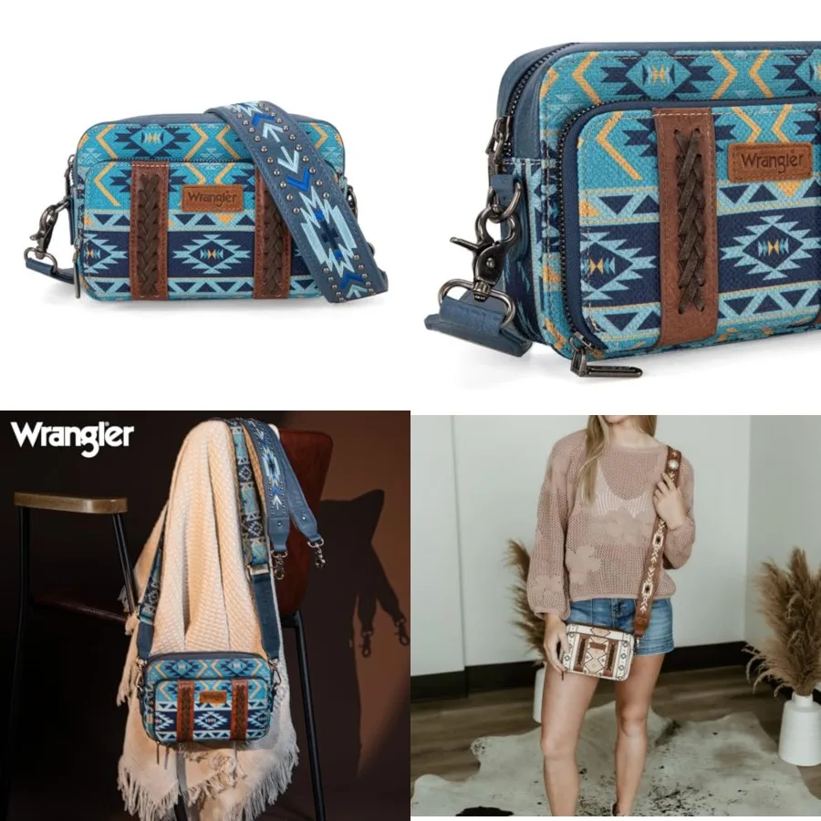 

Wrangler Crossbody Bag for Women Boho Aztec Small Multi Pocket Crossover Purse