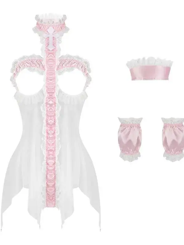 Sexy Damen Sinnliches Pure Desire Semi-Sheer Rückenfreies Schnür-Prinzessin-Nachthemd mit hohem Schlitz, elegantes Netz, durchsichtig, RLH8