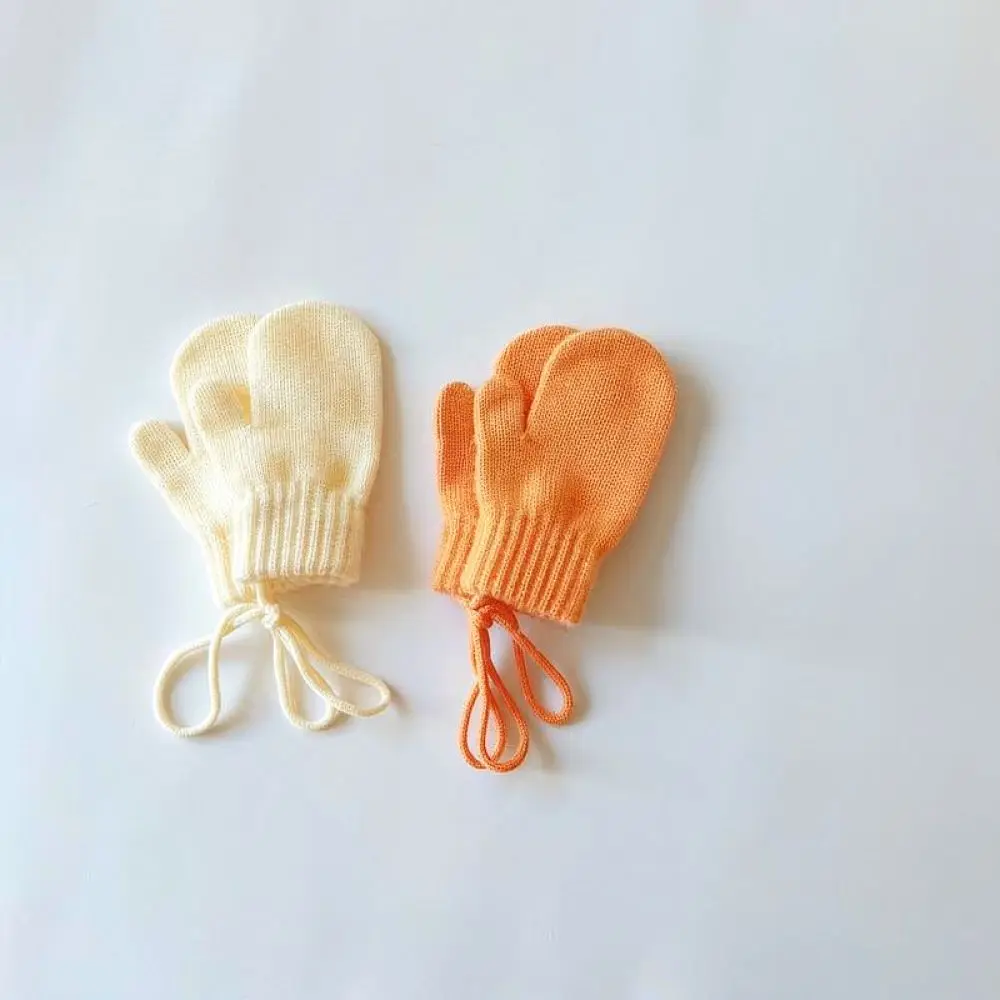 Warm Kids Mittens With Hanging String Winter Candy Color Knitted Toddler Gloves Soft Thick Thermal Handwear For Boys Girls