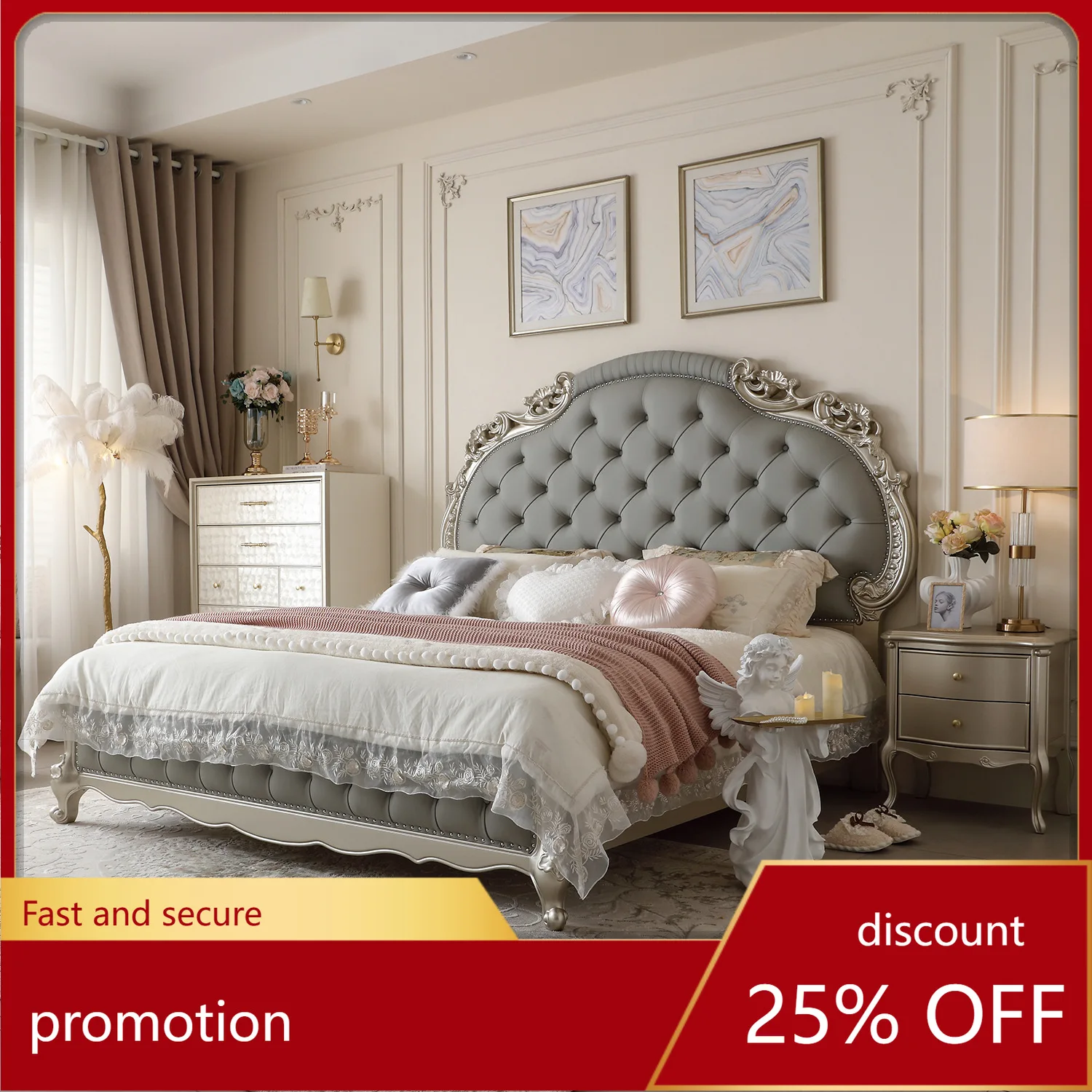 

HXL Solid Wood Bed Master Bedroom Double Bed Palace Carved Bed High-End Elegant