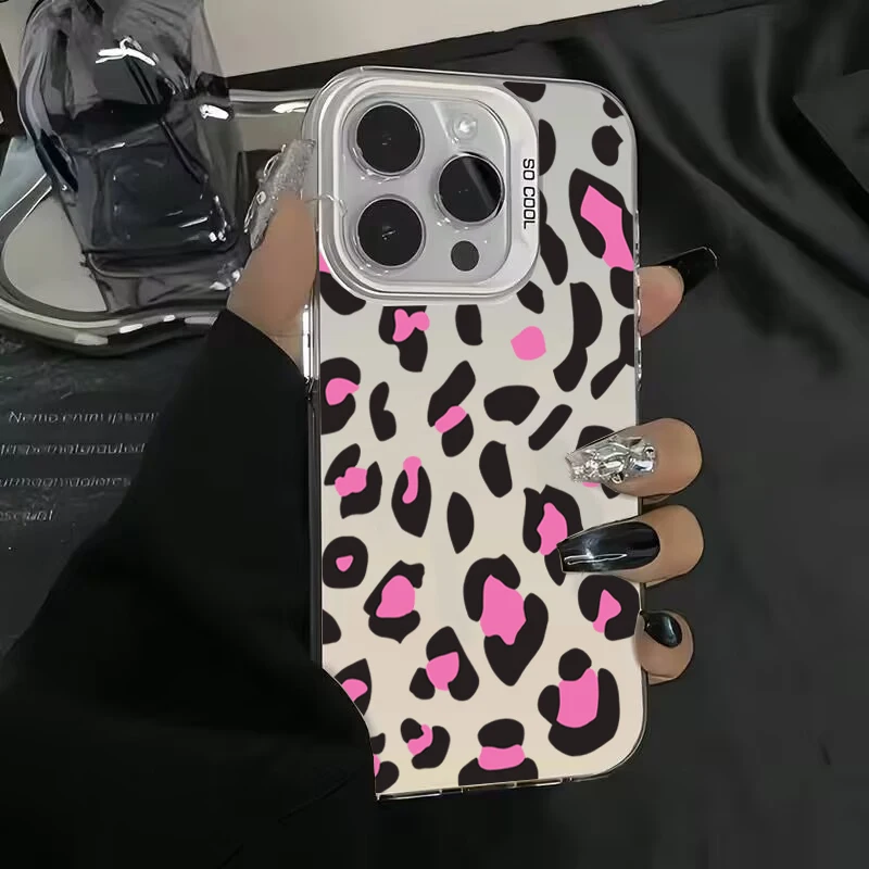 Funda de teléfono con estampado de leopardo galvanizado, cubierta trasera a prueba de golpes para iPhone 15, 14, 13, 12, 11 Pro Max, X, XR, 7, 8 Plus