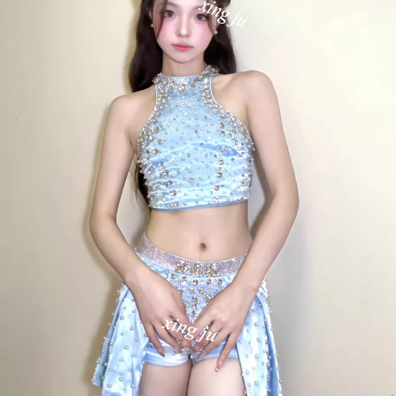 Korean Women Group Kpop Concert Costume Stage Dance Shiny Halter Vest Crop Tops Slim Shorts Skirt Jazz Dance Performance Outfits