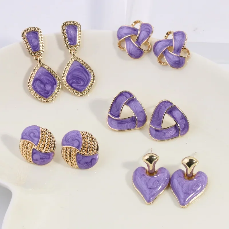 Purple Color Geometry Heart Flower Square Butterfly Bear Coral Cup  Water Drop Earring for Women Enamel Jewelry Christmas Gift