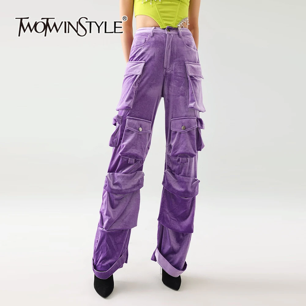 

TWOTWINSTYLE Solid Spliced Button Streetwear Pant For Women High Waist Patchwork Pockets Casual Designer Cargo Pants Female New