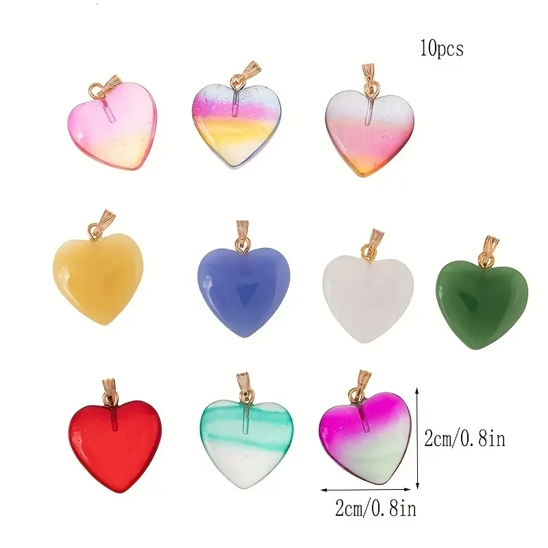 10pcs Vibrant Heart-Shaped Glass Stone Pendants - Versatile Beads for Creative DIY Necklace & Bracelet Jewelry Making