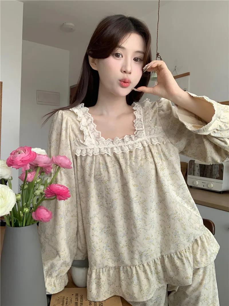 

Lace Soft Floral Print Flowers Sweet Corduroy Long Sleeve Pajama Set Women Winter Girlish Style Loose Elegant Casual Sleepwear