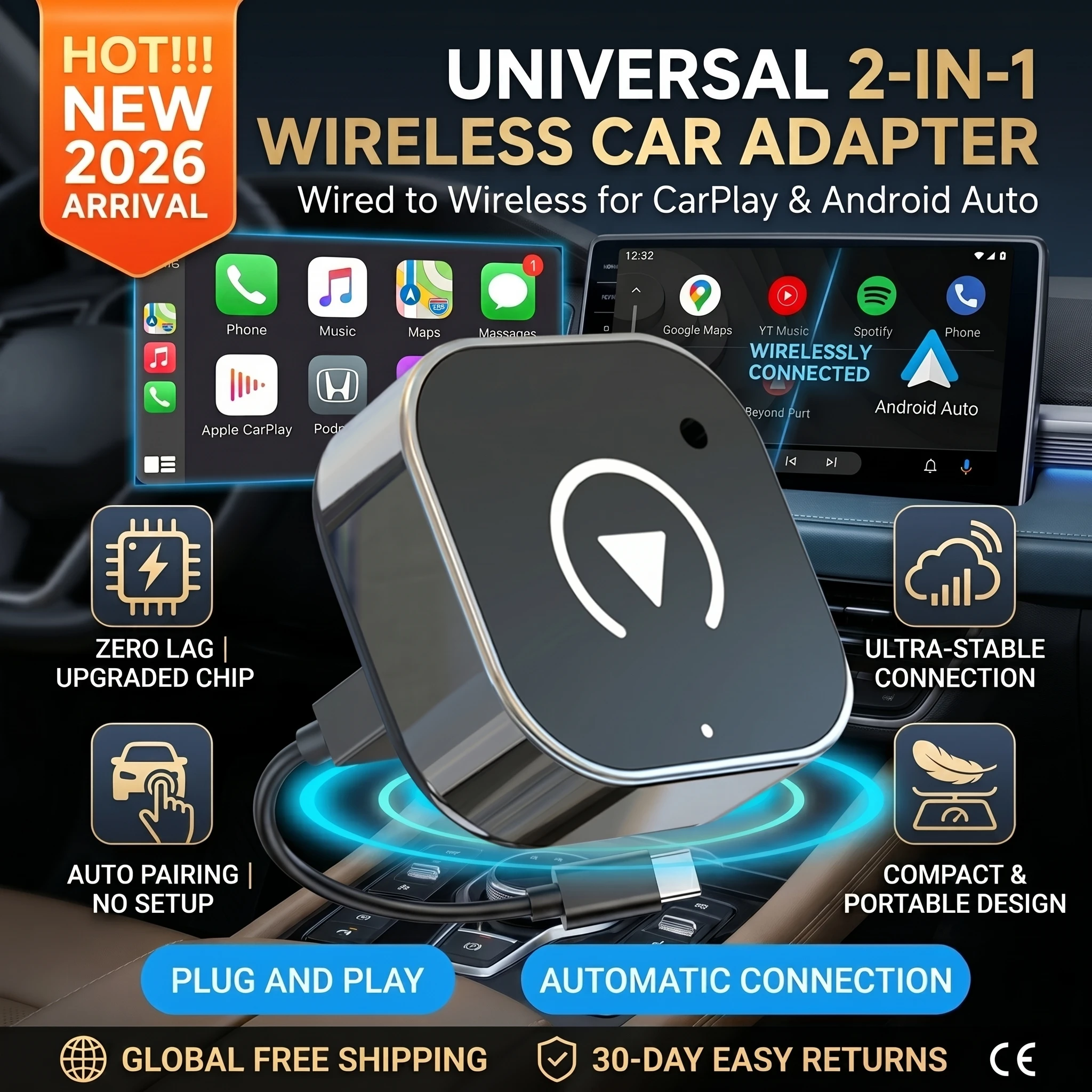 2026 Wireless CarPlay Adapter Android Auto USB Dongle Plug & Play Smart Mini Box Universal For VW Toyota Nissan Honda Ford Benz