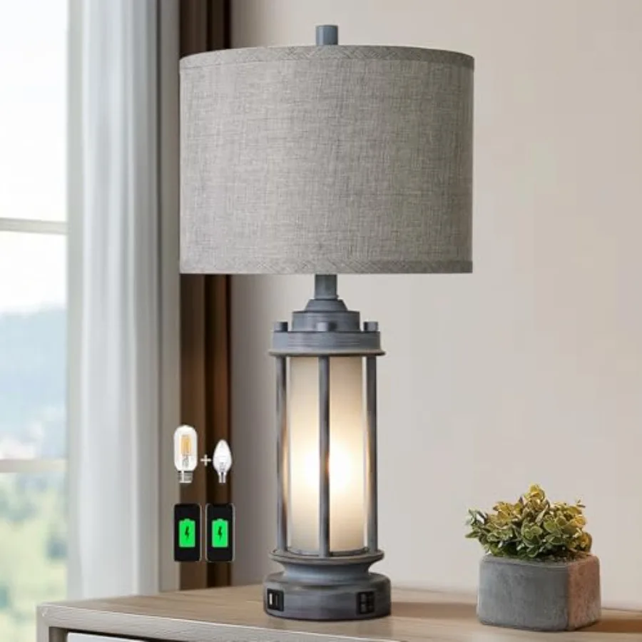 Rustic Table Lamp for Bedroom Living Room with 2 USB Ports Farmhouse Vintage Nightstand Lamp 25'' with Light Green Glass Nightl