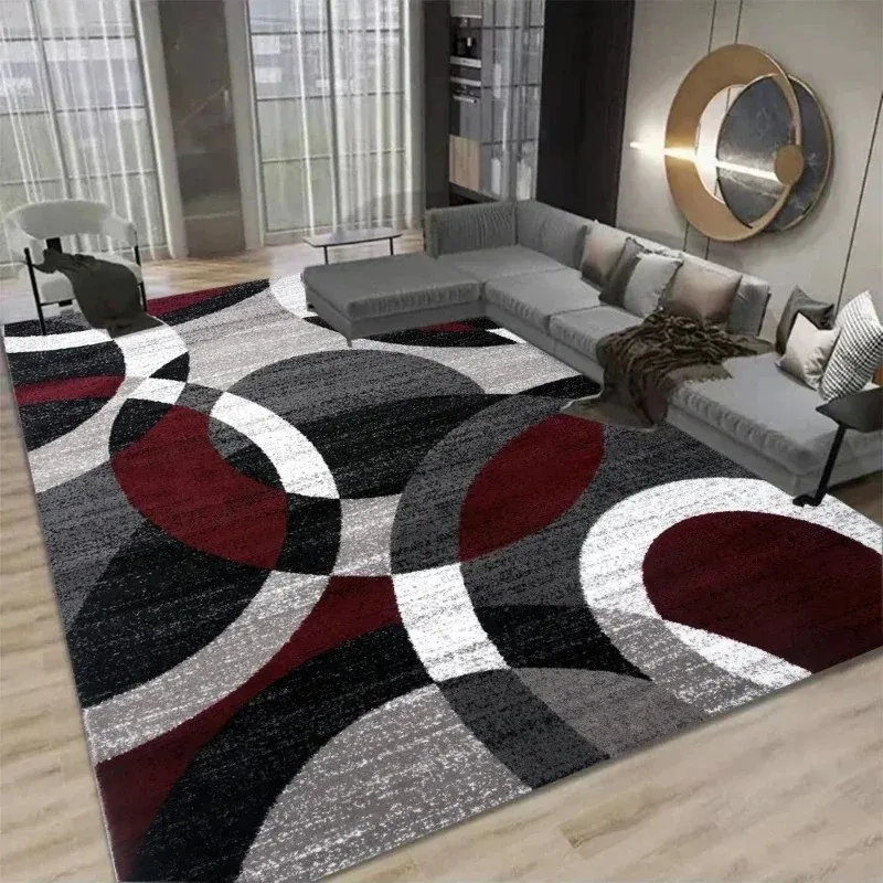 Wine Red Gray Semicircle Geometric Rug Modern Light Luxury Non Slip Floor Mat for Living Room Sofa Bedroom Home Decor
