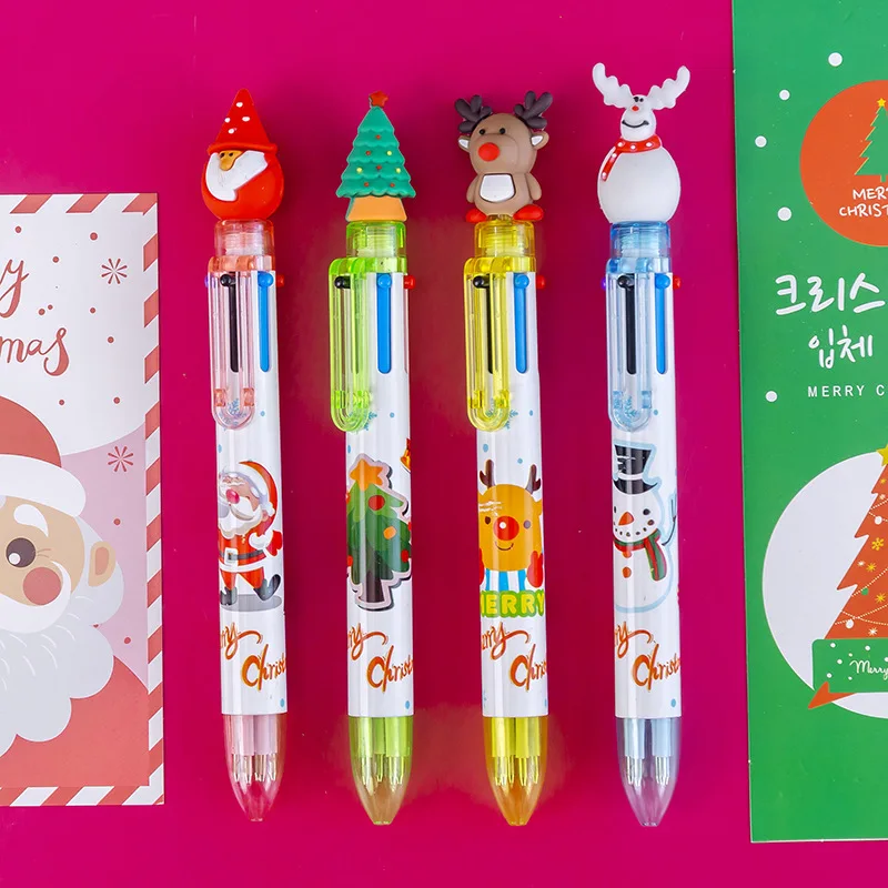 Stylo à bille rétractable multicolore Kawaii, père Noël mignon, wapiti, cadeaux de Noël, école, journal, papeterie, Noël, 6 couleurs, 10 pièces, lot