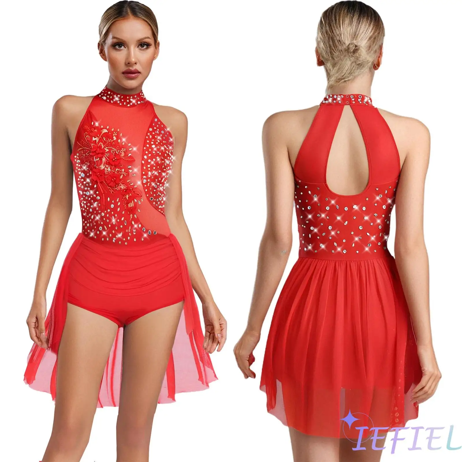 

Womens Glittery Rhinestone Applique Dance Bodysuit Sleeveless Back Cutout Irregular SkirtedLeotard for Latin Chacha Gymnastics