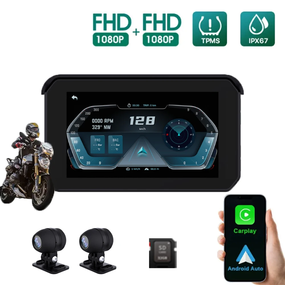 

AutoNevee Motorcycle Carplay Waterproof 1080P 5 inch WiFi Wireless Android-Auto DVR Monitor Dash Cam GPS Navigation TPMS